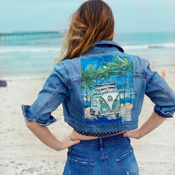 VW bus hand painted denim cropped jacket - Picture 3 of 5